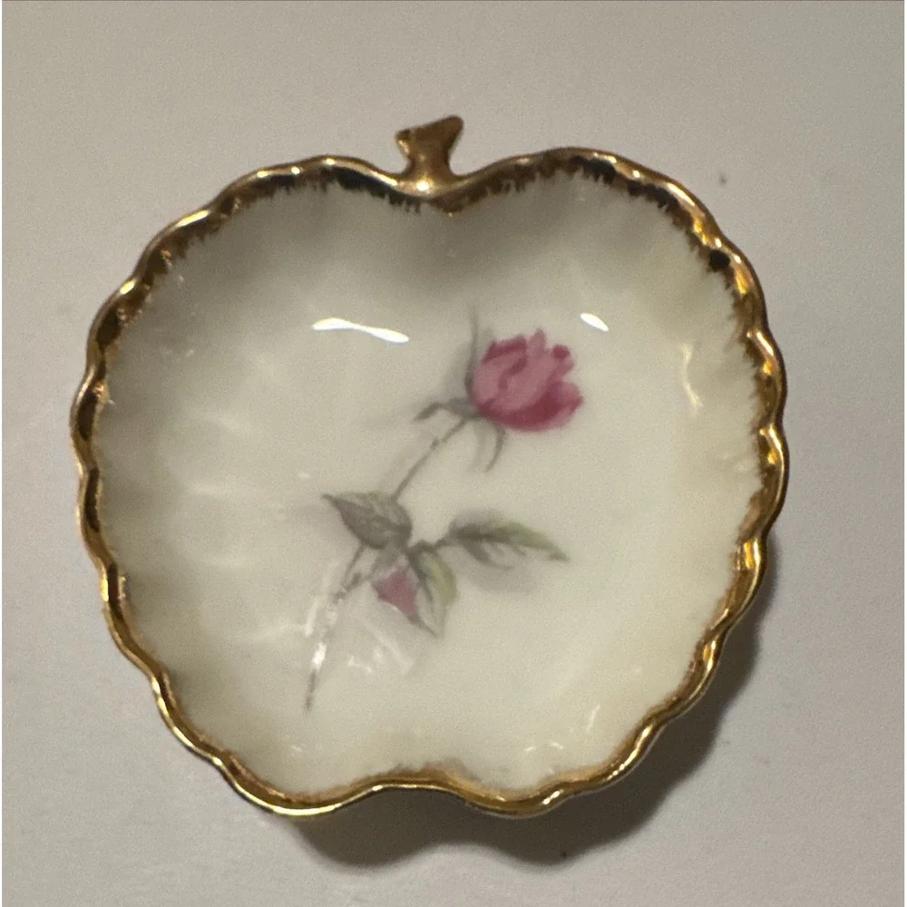 Lefton Pear/Apple‎ Tea Bag Holder Trinket Dishes Floral & Gold Trim  Japan MCM